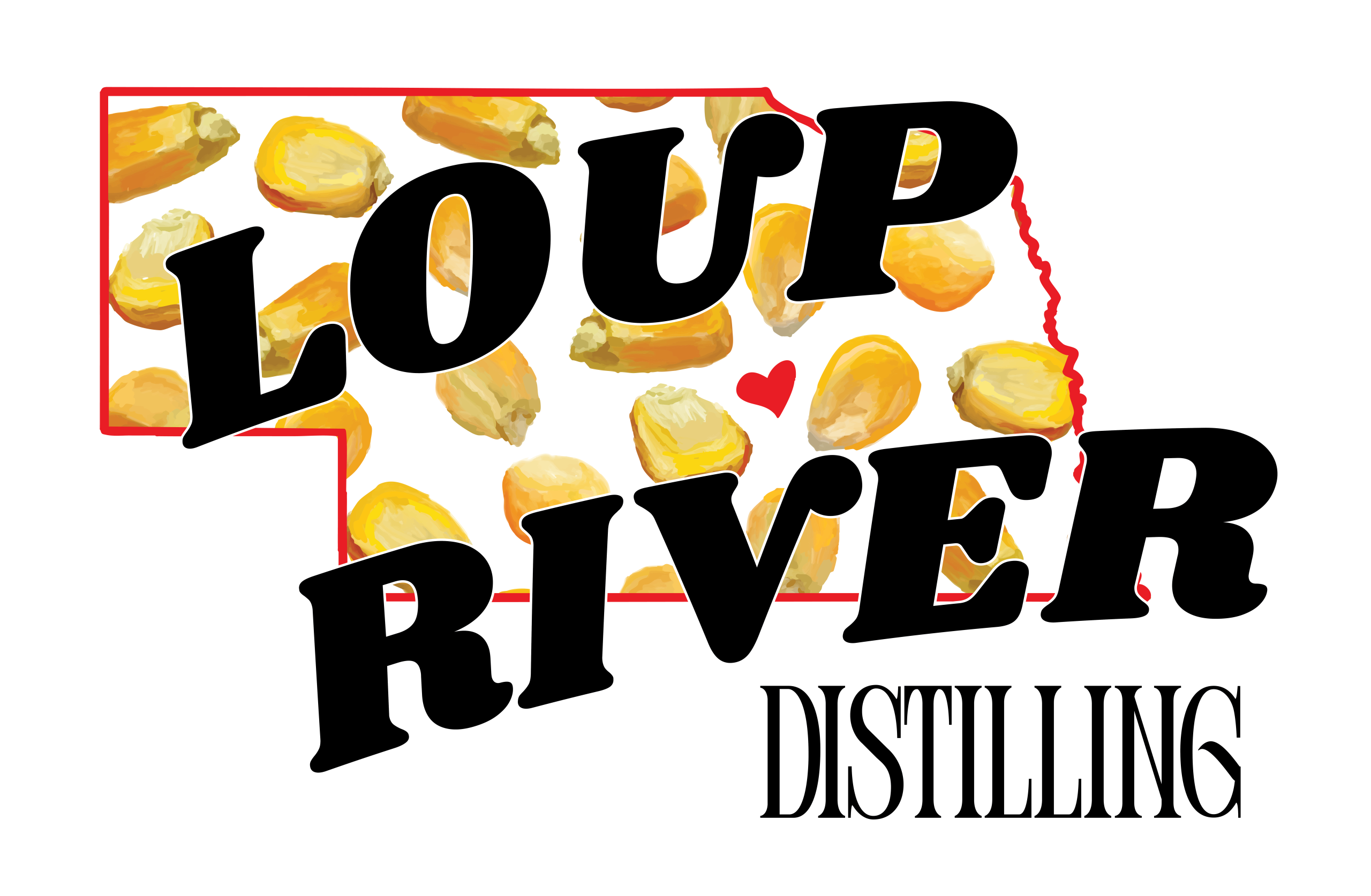 Loup River Distilling logo featuring corn kernels inside the outline of Nebraska